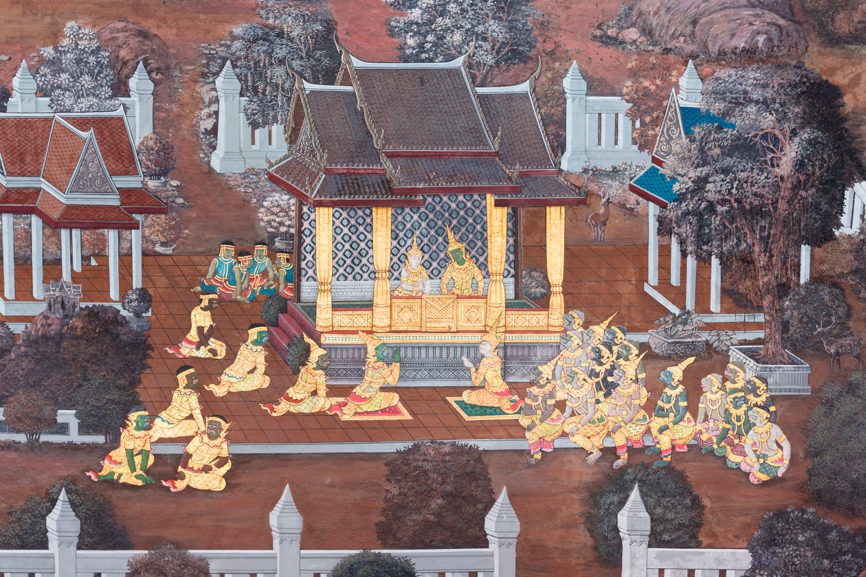 Cenas murais representando o Ramayana em Wat Phra Kaeo, o Grande Palácio Real, Banguecoque, Tailândia de Thai School