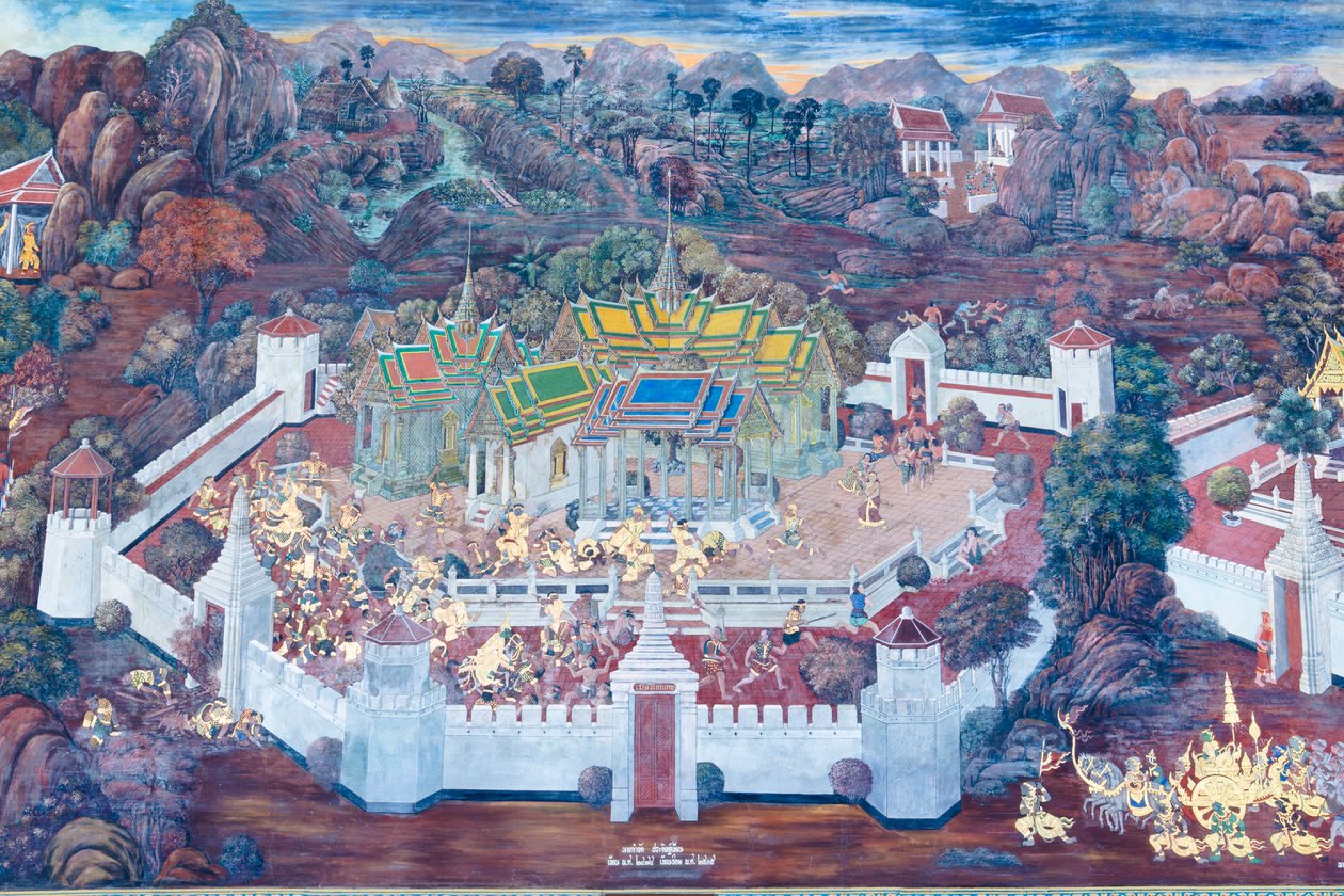 Cenas murais representando o Ramayana em Wat Phra Kaeo, o Grande Palácio Real, Banguecoque, Tailândia de Thai School
