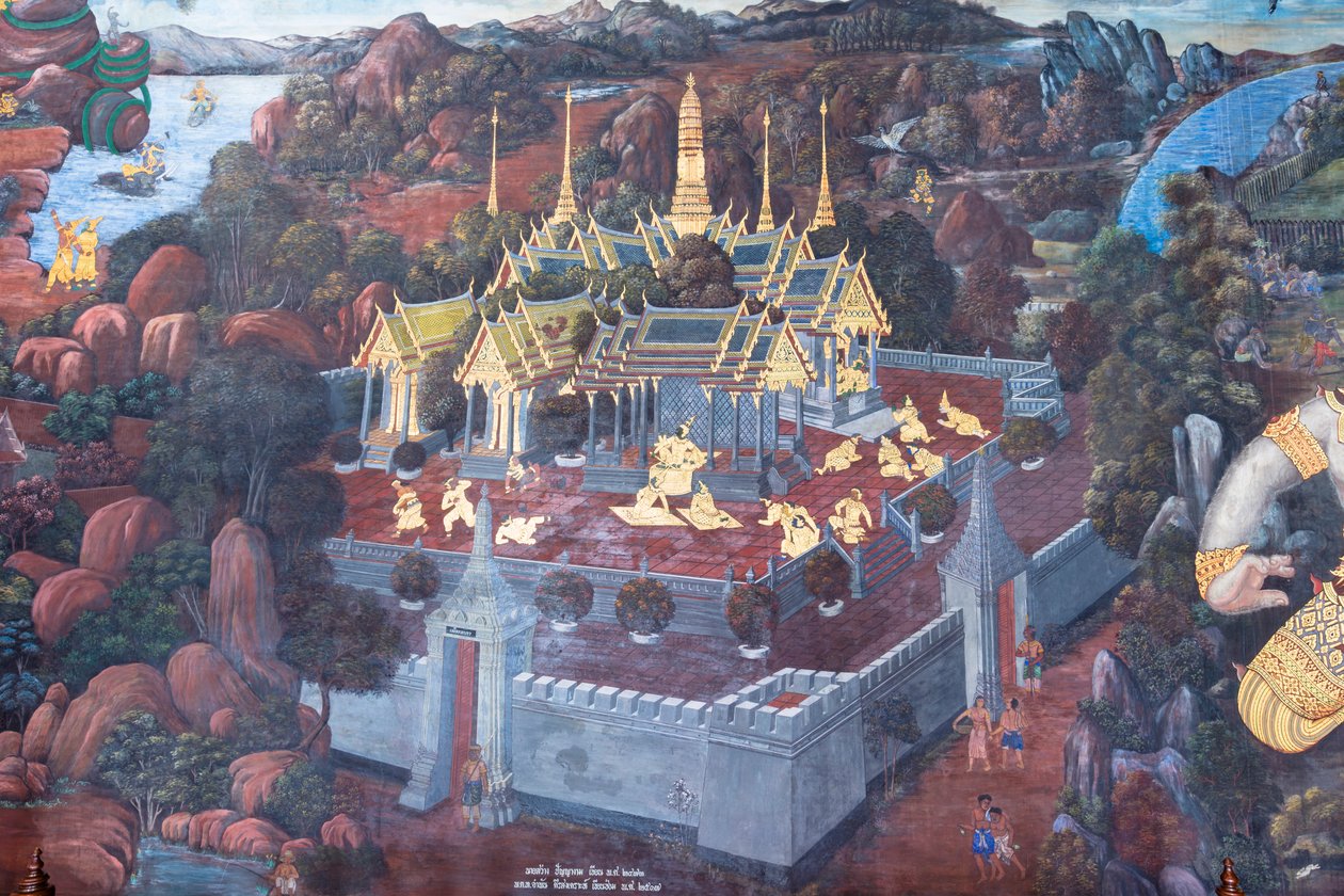 Cenas murais representando o Ramayana em Wat Phra Kaeo, o Grande Palácio Real, Banguecoque, Tailândia de Thai School