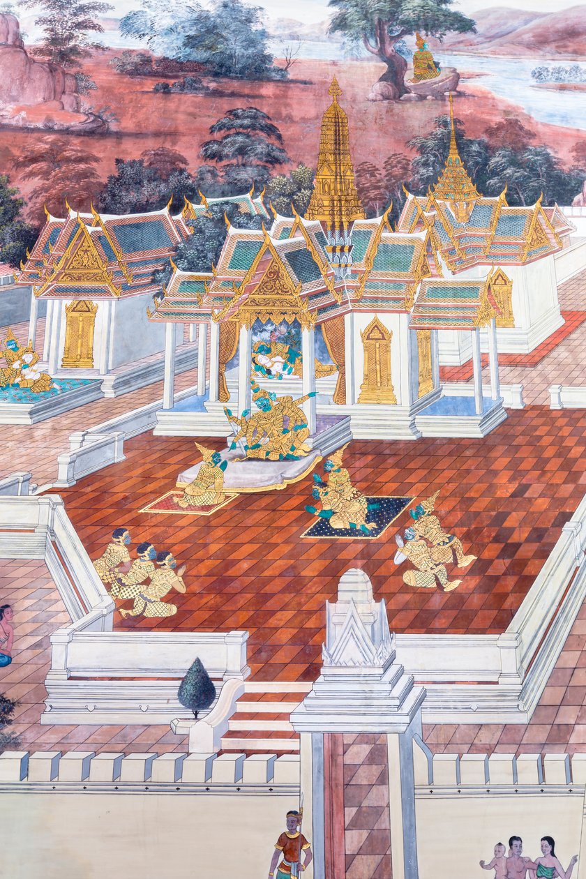 Cenas murais representando o Ramayana em Wat Phra Kaeo, o Grande Palácio Real, Banguecoque, Tailândia de Thai School