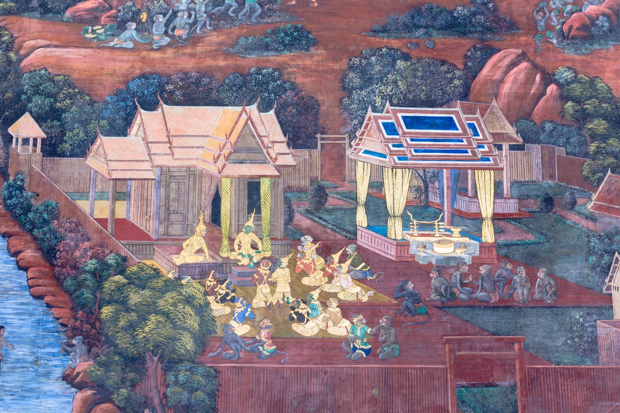Cenas murais representando o Ramayana em Wat Phra Kaeo, o Grande Palácio Real, Banguecoque, Tailândia de Thai School
