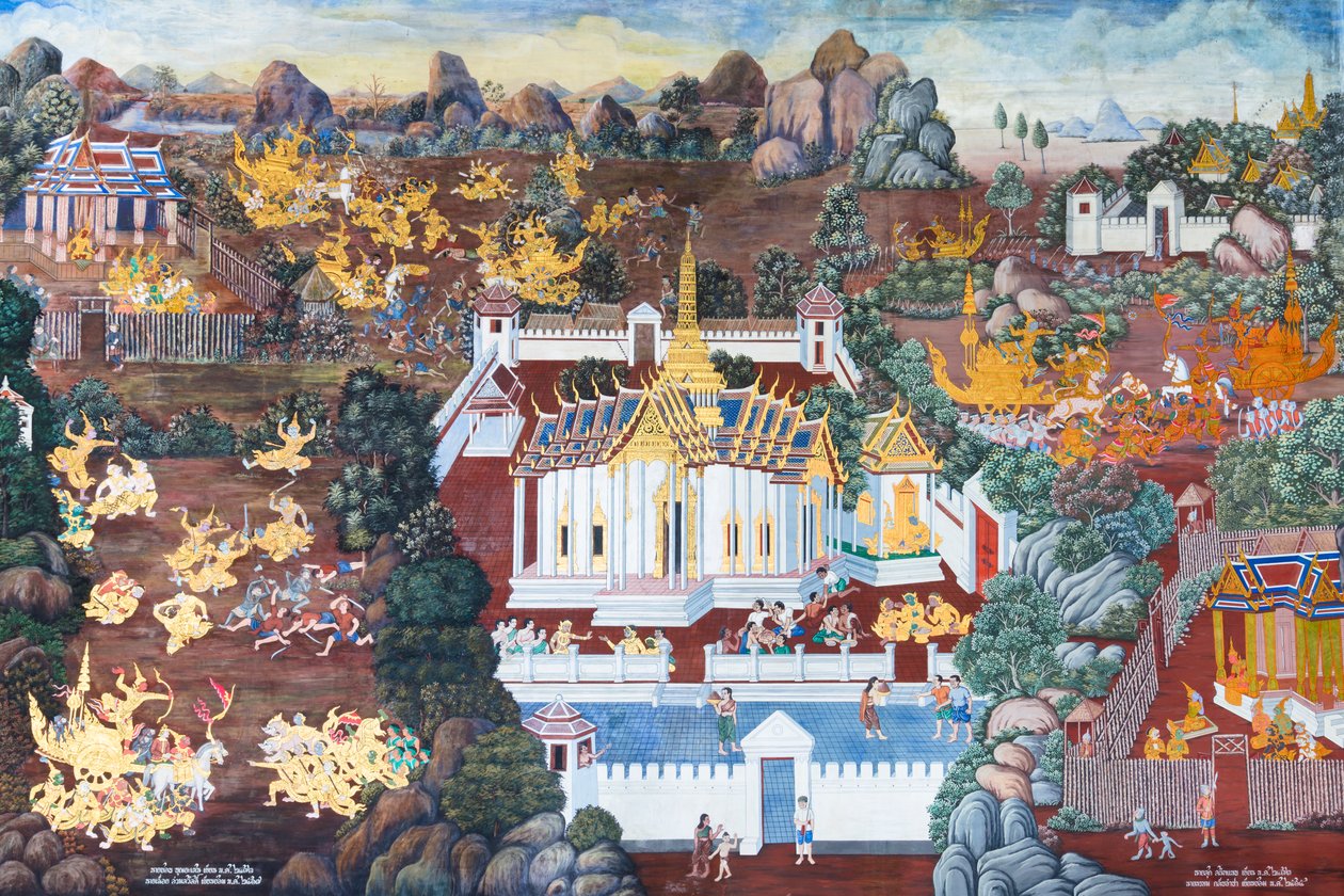Cenas murais representando o Ramayana em Wat Phra Kaeo, o Grande Palácio Real, Banguecoque, Tailândia de Thai School