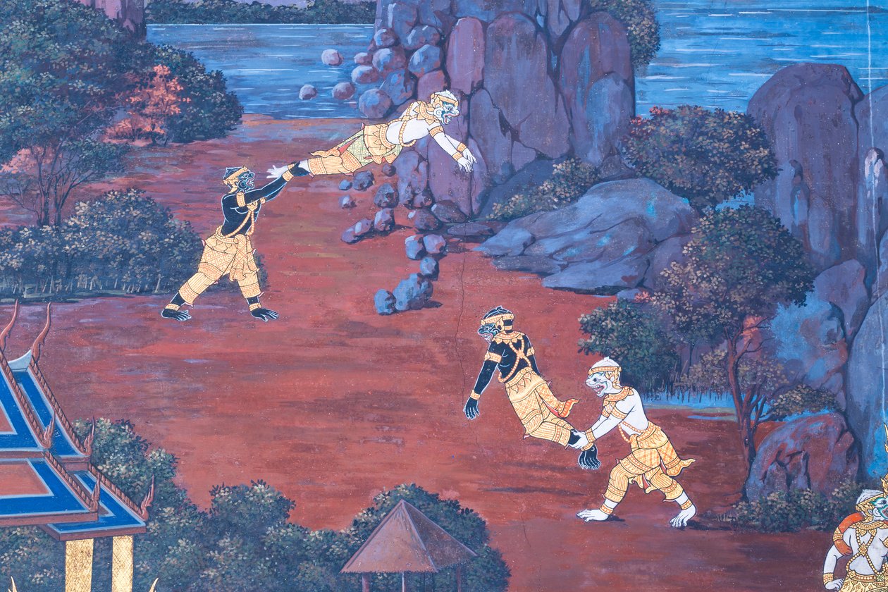 Cenas murais representando o Ramayana em Wat Phra Kaeo, o Grande Palácio Real, Banguecoque, Tailândia de Thai School