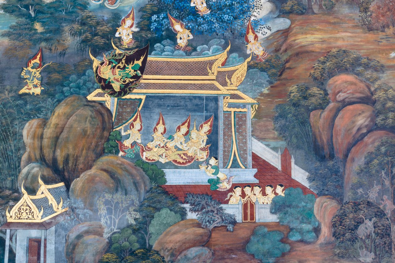 Cenas murais representando o Ramayana em Wat Phra Kaeo, o Grande Palácio Real, Banguecoque, Tailândia de Thai School