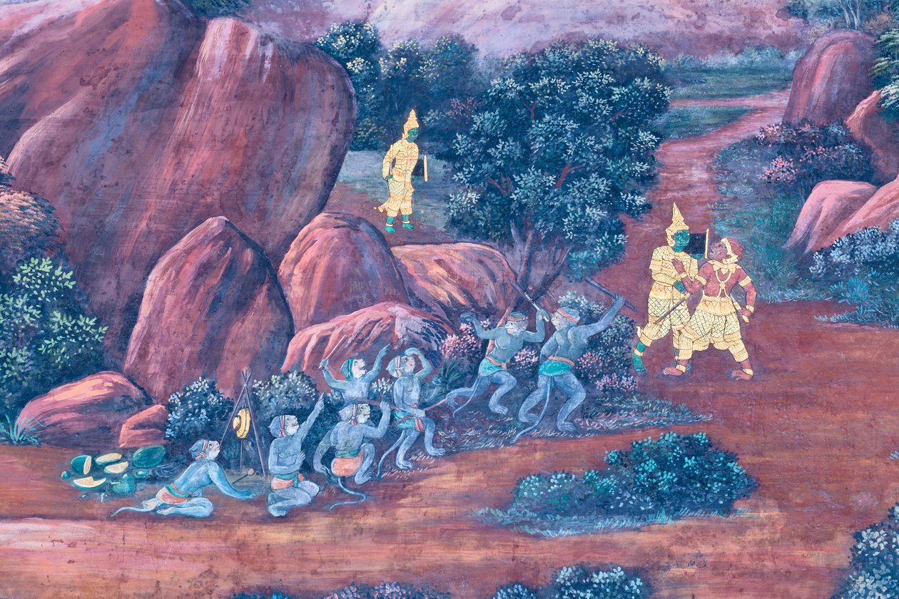 Cenas murais representando o Ramayana em Wat Phra Kaeo, o Grande Palácio Real, Banguecoque, Tailândia de Thai School