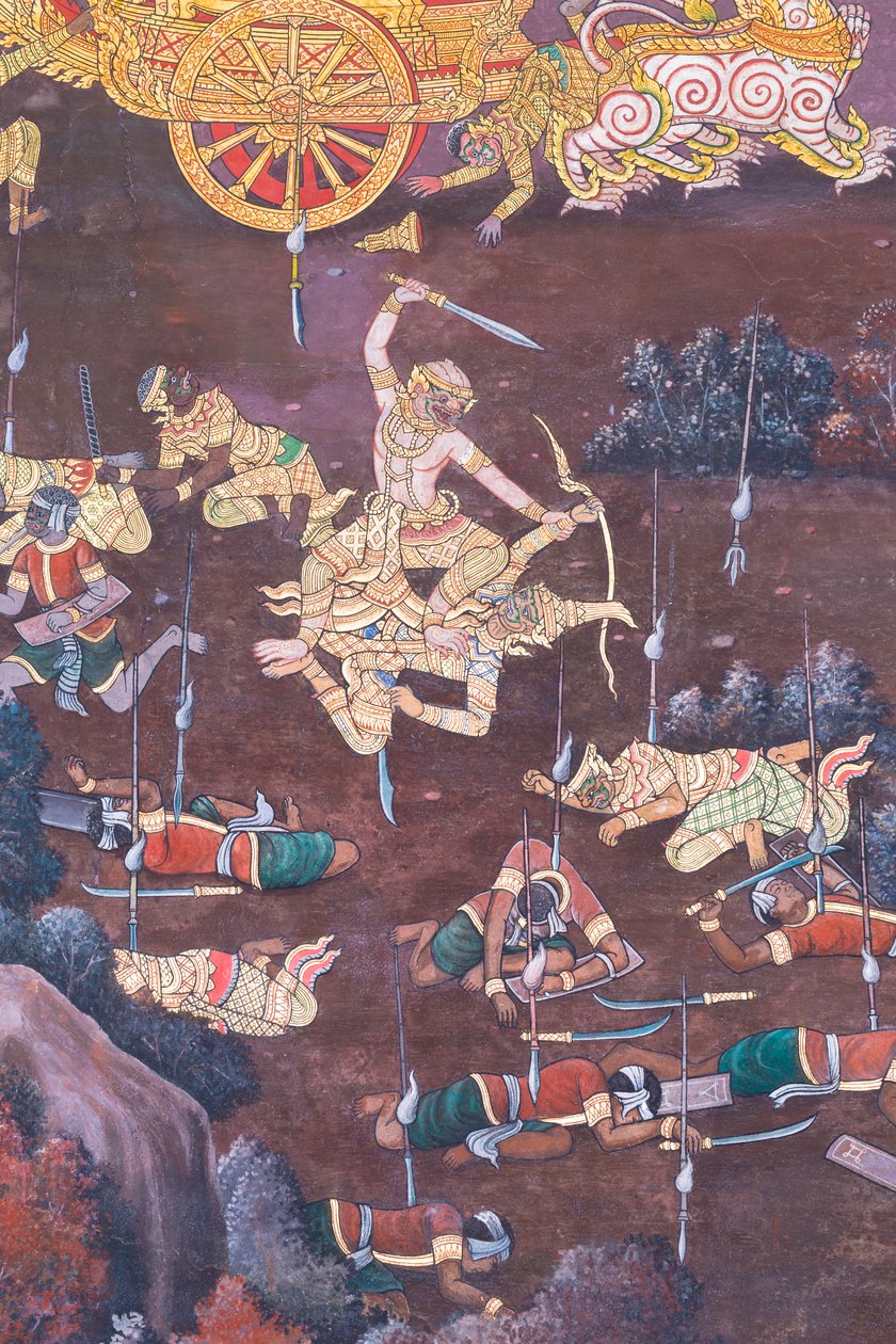 Cenas murais representando o Ramayana em Wat Phra Kaeo, o Grande Palácio Real, Banguecoque, Tailândia de Thai School