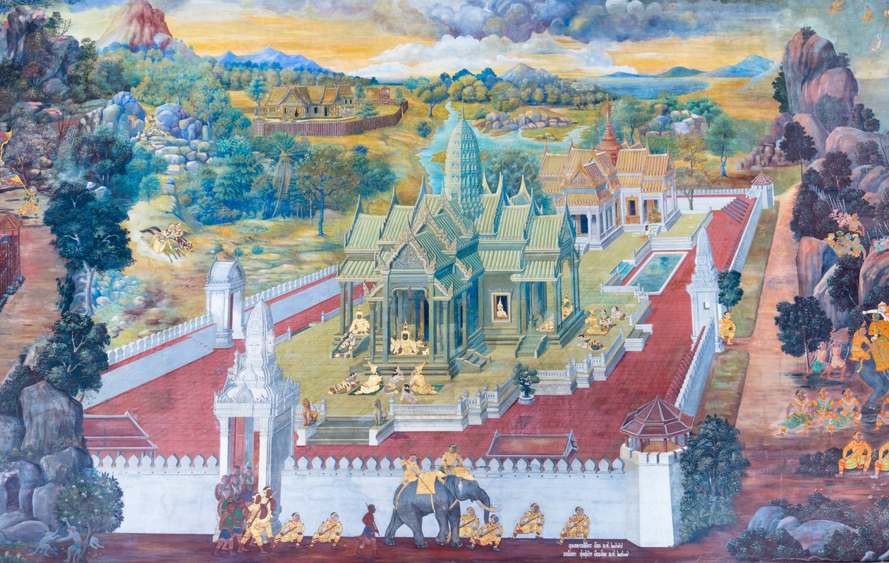 Cenas murais representando o Ramayana em Wat Phra Kaeo, o Grande Palácio Real, Banguecoque, Tailândia de Thai School