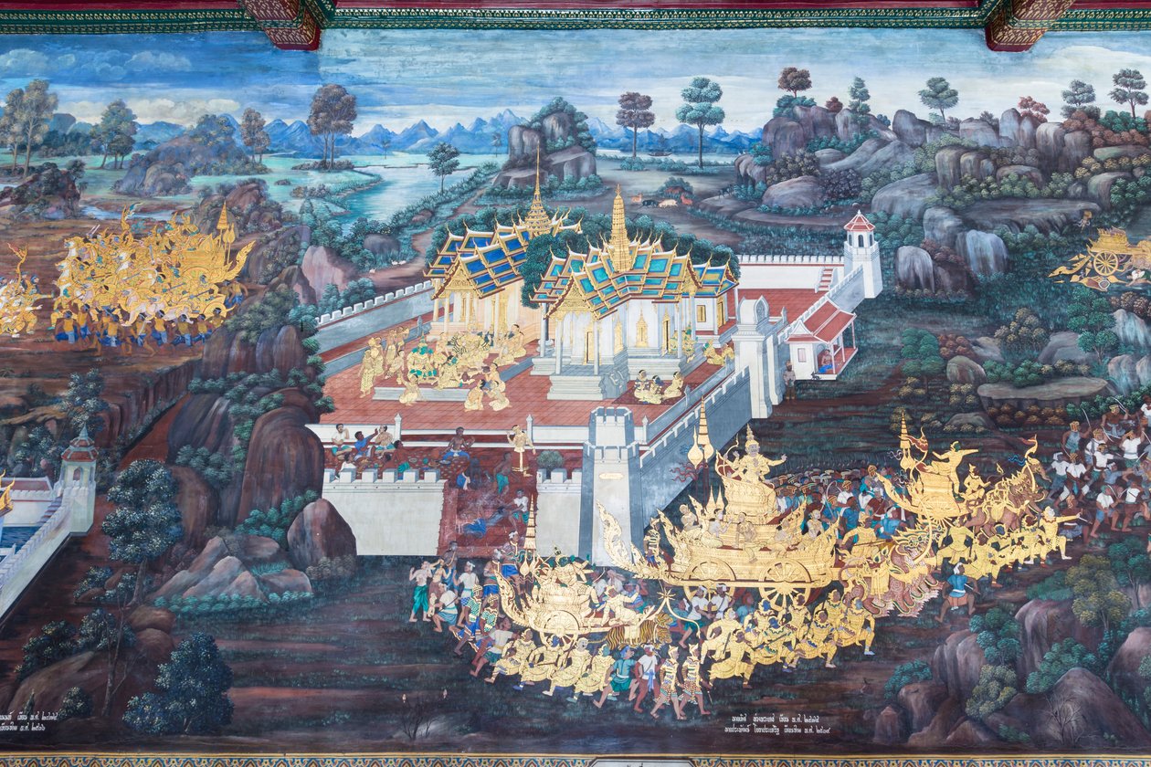 Cenas murais representando o Ramayana em Wat Phra Kaeo, o Grande Palácio Real, Banguecoque, Tailândia de Thai School