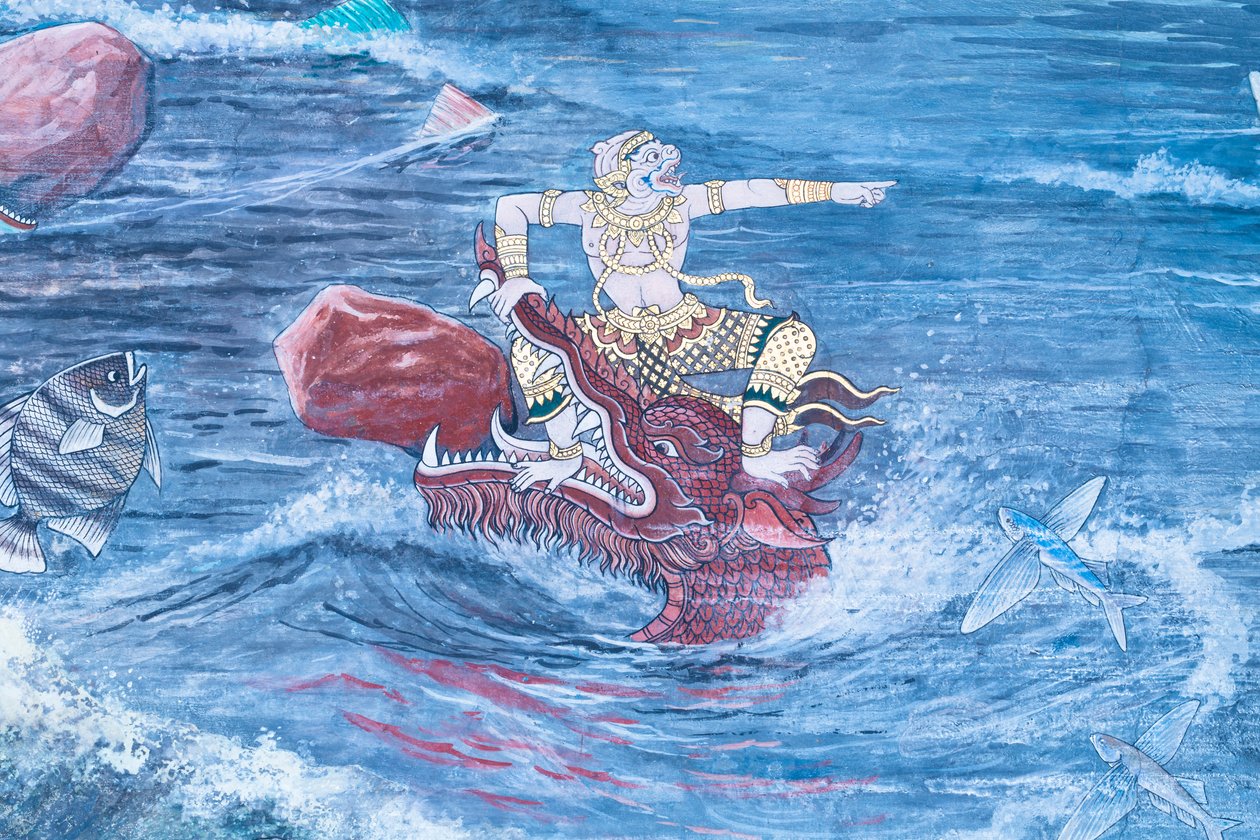 Cenas murais representando o Ramayana em Wat Phra Kaeo, o Grande Palácio Real, Banguecoque, Tailândia de Thai School