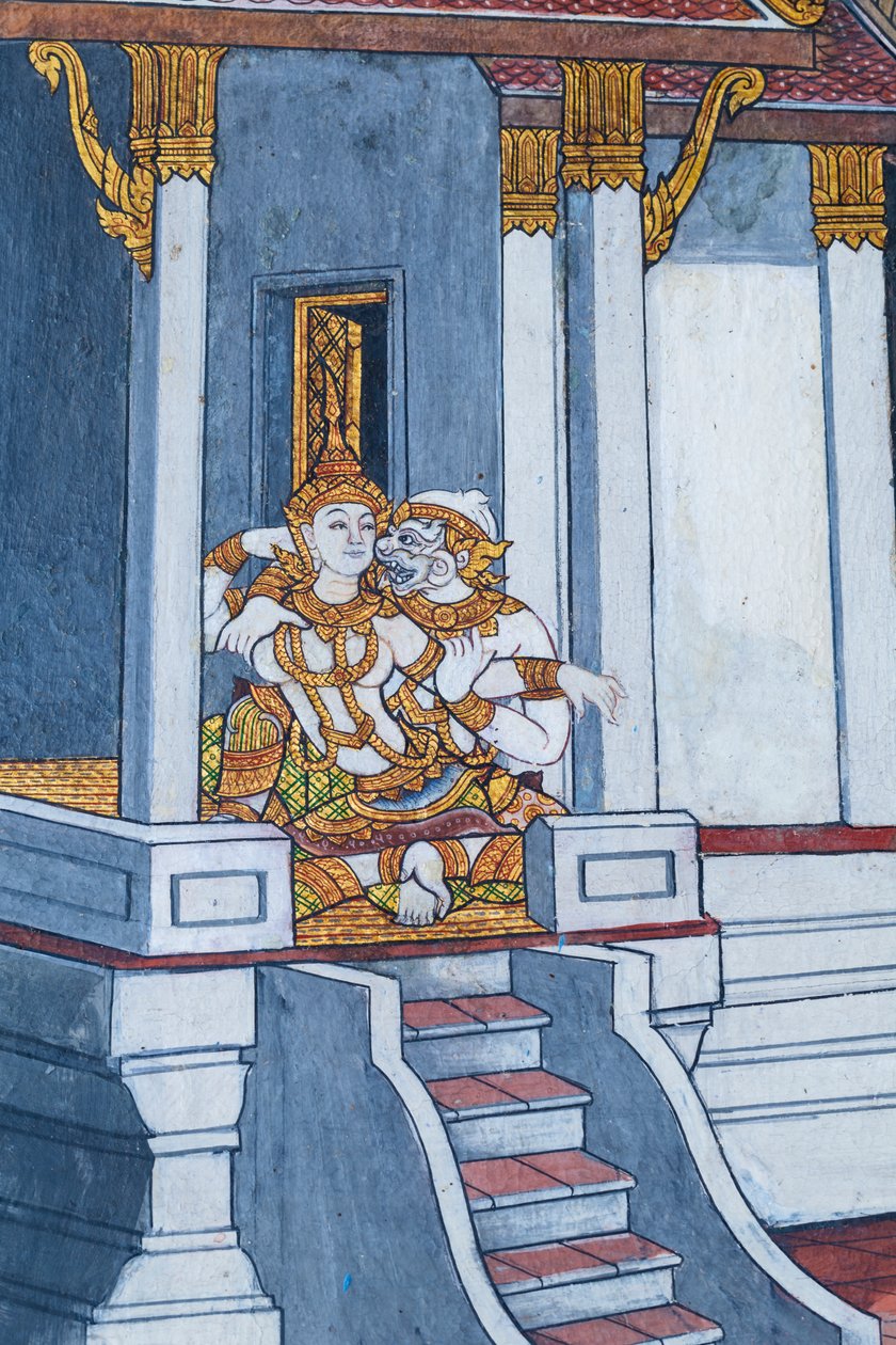 Cenas murais representando o Ramayana em Wat Phra Kaeo, o Grande Palácio Real, Banguecoque, Tailândia de Thai School