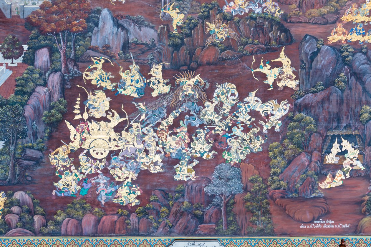 Cenas murais representando o Ramayana em Wat Phra Kaeo, o Grande Palácio Real, Banguecoque, Tailândia de Thai School