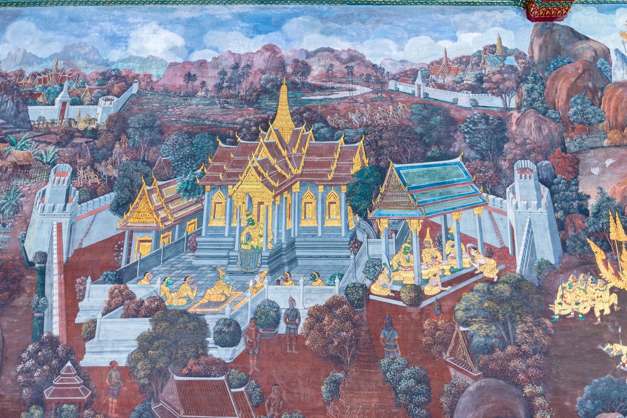 Cenas murais representando o Ramayana em Wat Phra Kaeo, o Grande Palácio Real, Banguecoque, Tailândia de Thai School