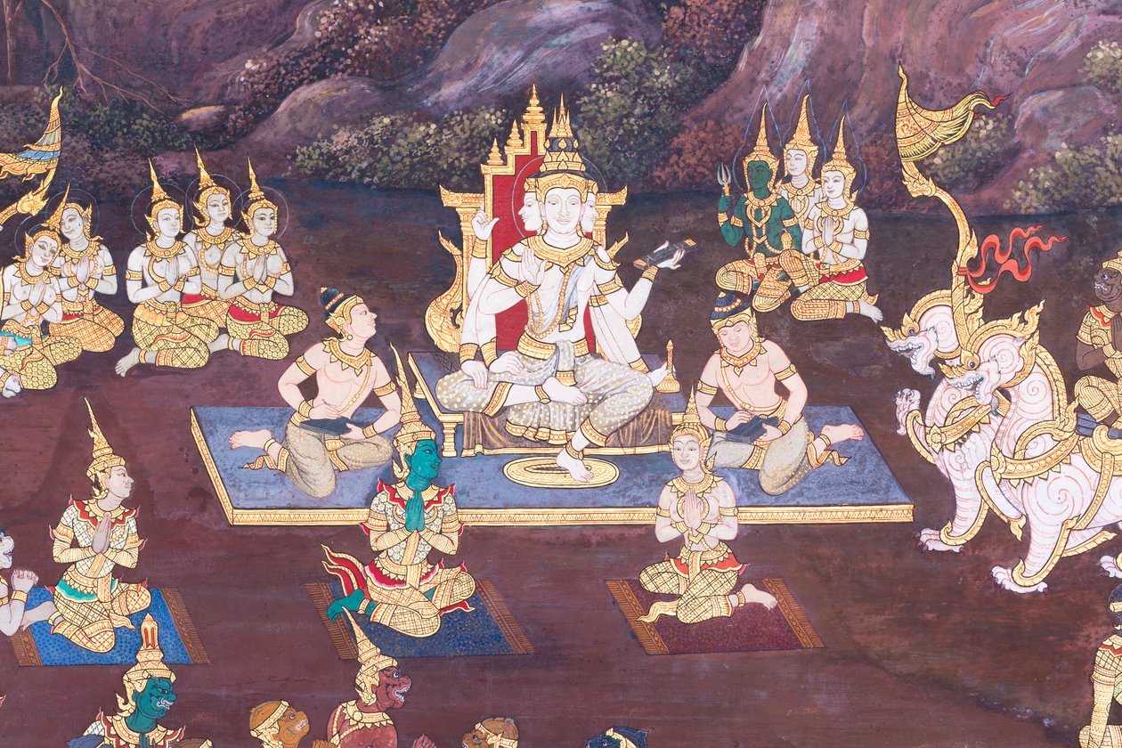 Cenas murais representando o Ramayana em Wat Phra Kaeo, o Grande Palácio Real, Banguecoque, Tailândia de Thai School