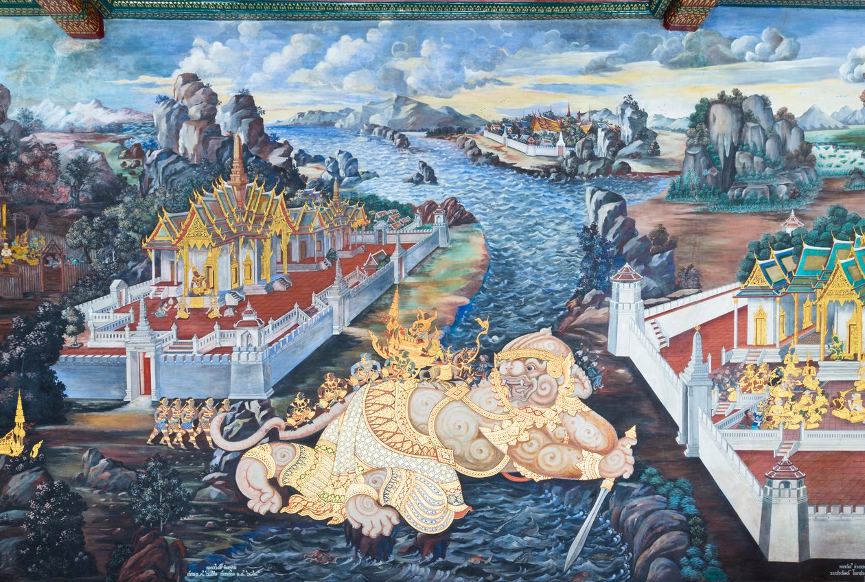 Cenas murais representando o Ramayana em Wat Phra Kaeo, o Grande Palácio Real, Banguecoque, Tailândia de Thai School