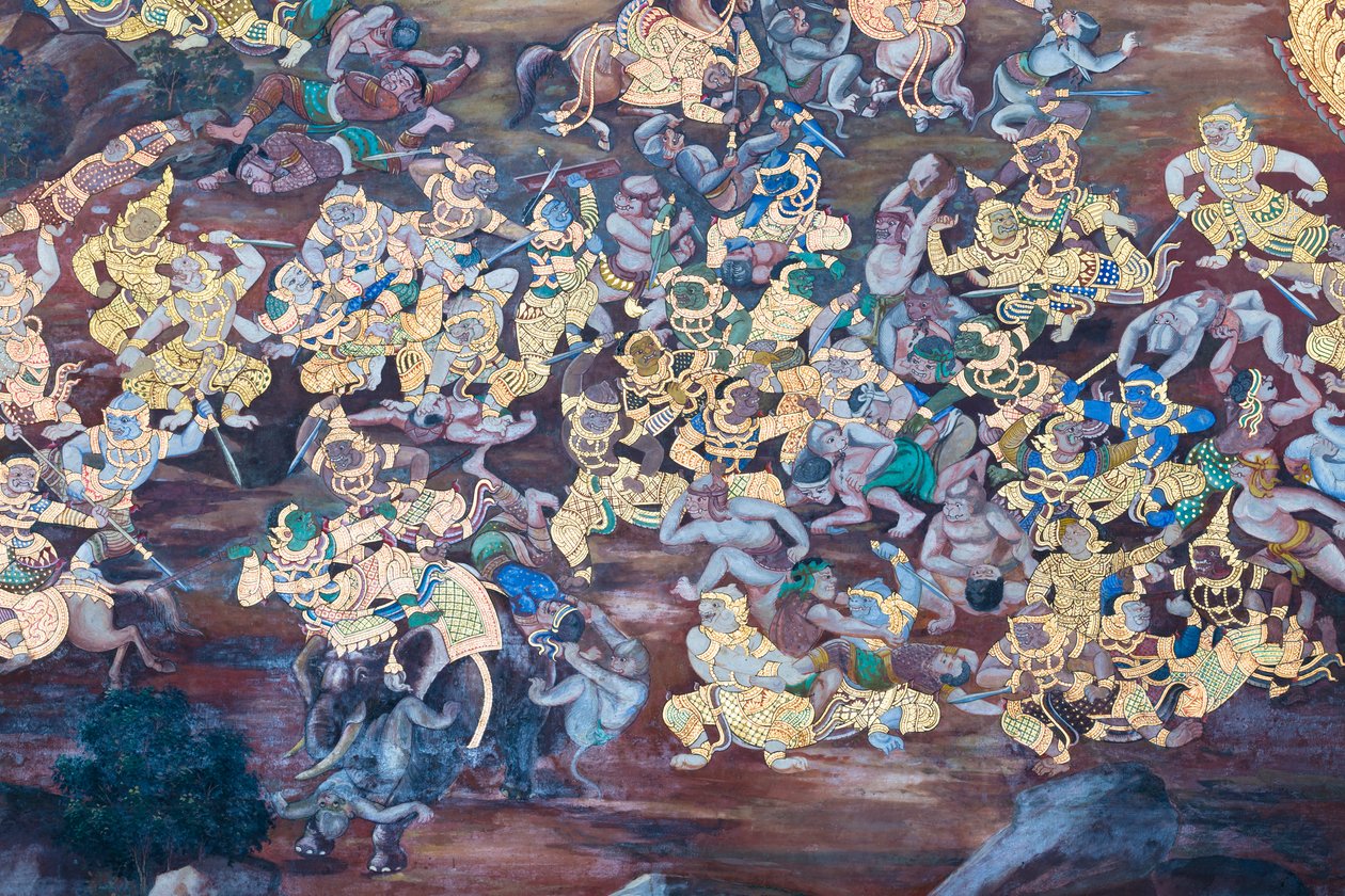 Cenas murais representando o Ramayana em Wat Phra Kaeo, o Grande Palácio Real, Banguecoque, Tailândia de Thai School