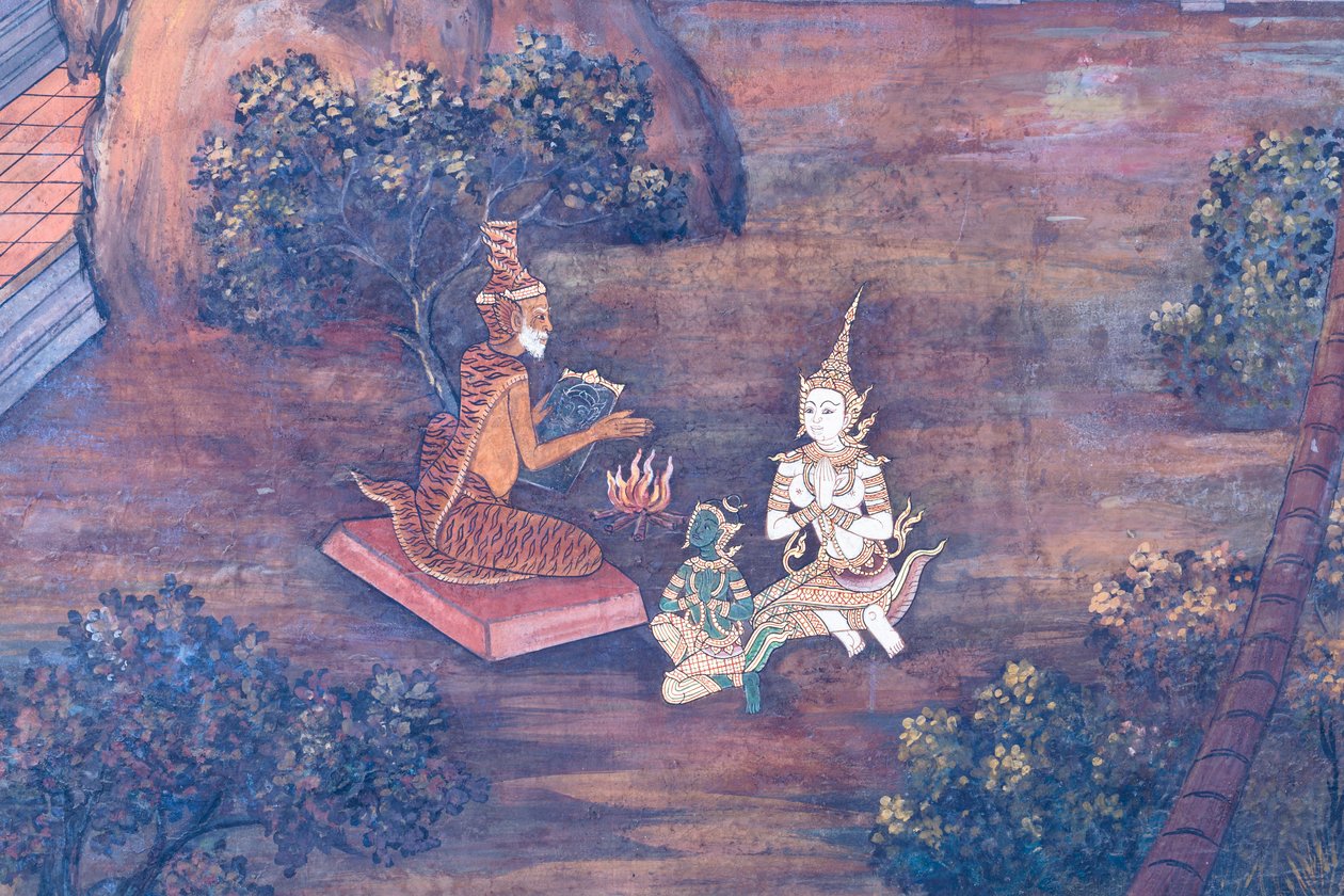 Cenas murais representando o Ramayana em Wat Phra Kaeo, o Grande Palácio Real, Banguecoque, Tailândia de Thai School