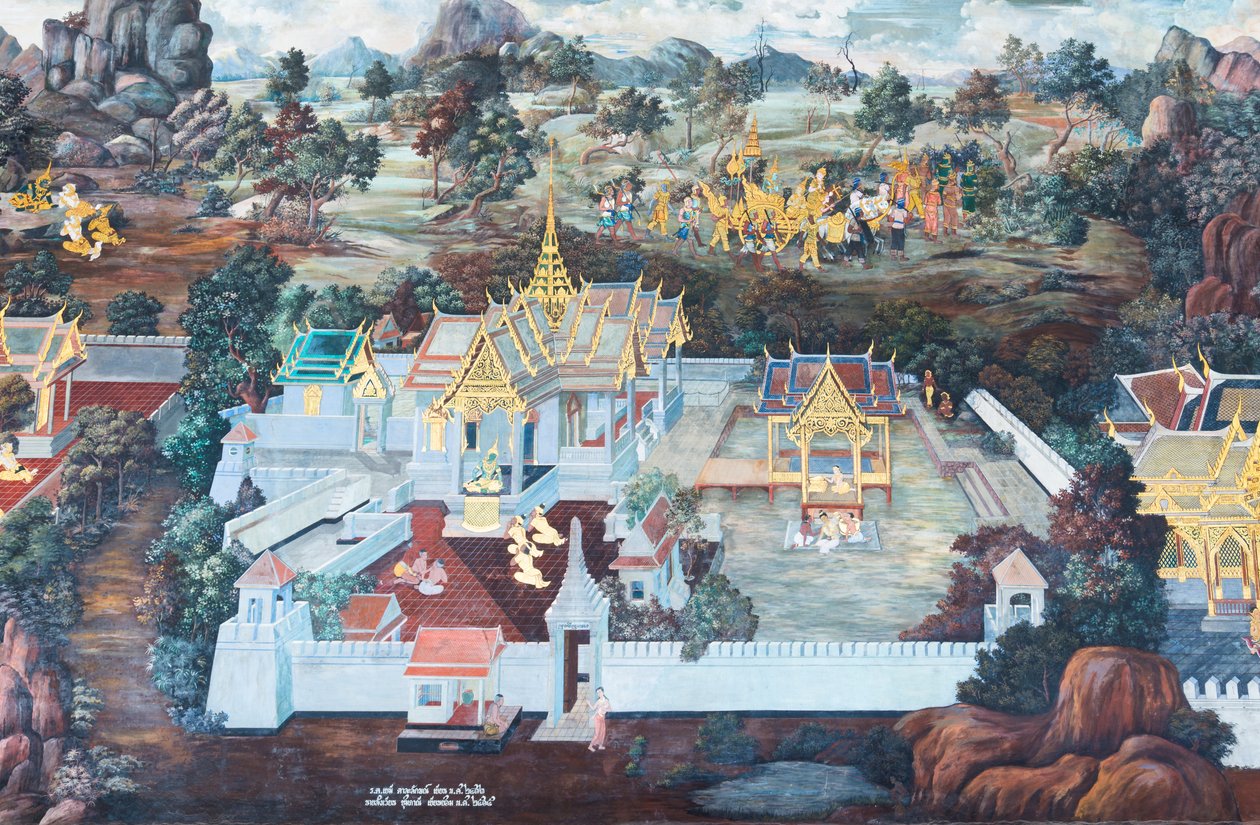 Cenas murais representando o Ramayana em Wat Phra Kaeo, o Grande Palácio Real, Banguecoque, Tailândia de Thai School