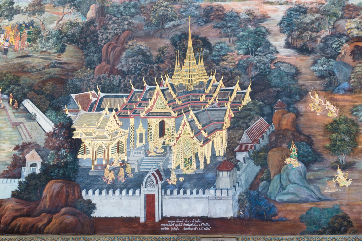 Cenas murais representando o Ramayana em Wat Phra Kaeo, o Grande Palácio Real, Banguecoque, Tailândia de Thai School