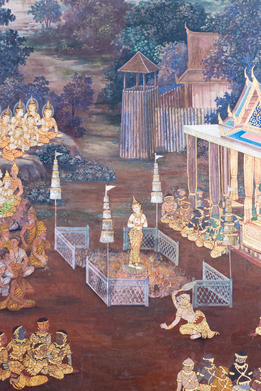 Cenas murais representando o Ramayana em Wat Phra Kaeo, o Grande Palácio Real, Banguecoque, Tailândia de Thai School