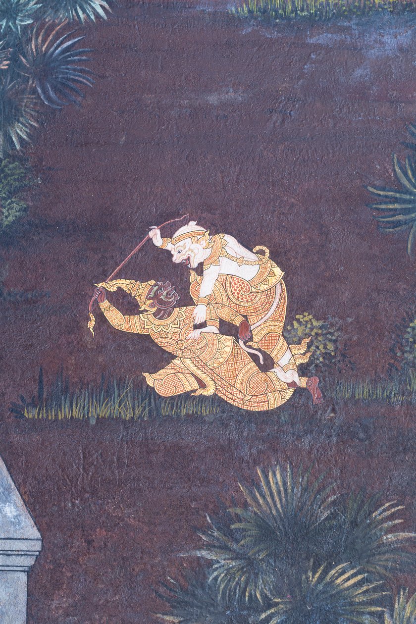 Cenas murais representando o Ramayana em Wat Phra Kaeo, o Grande Palácio Real, Banguecoque, Tailândia de Thai School