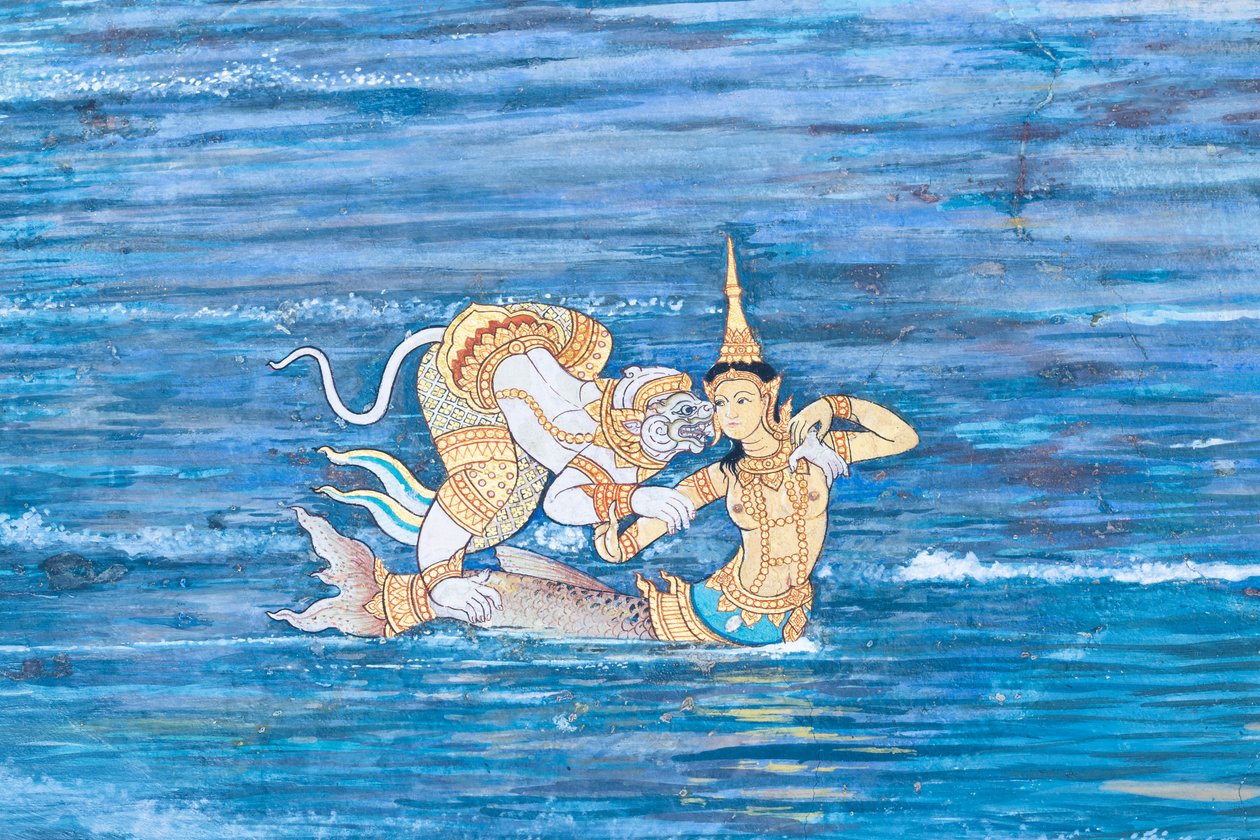 Cenas murais representando o Ramayana em Wat Phra Kaeo, o Grande Palácio Real, Banguecoque, Tailândia de Thai School