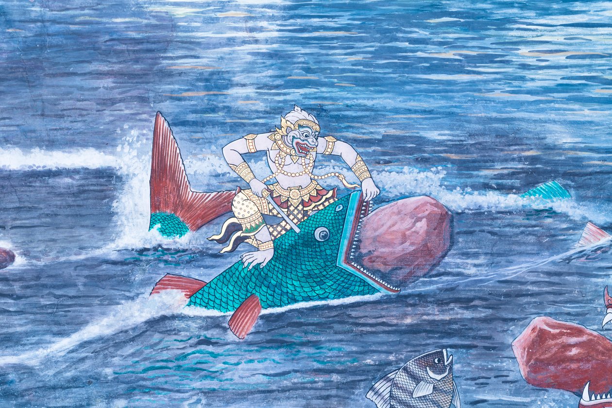 Cenas murais representando o Ramayana em Wat Phra Kaeo, o Grande Palácio Real, Banguecoque, Tailândia de Thai School