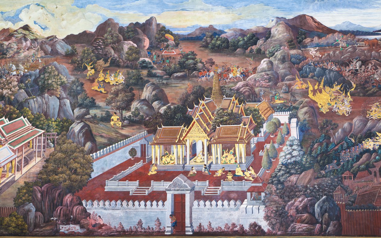 Murais representando cenas do Ramakian em Wat Phra Kaeo, o Grande Palácio Real, Banguecoque, Tailândia de Thai School