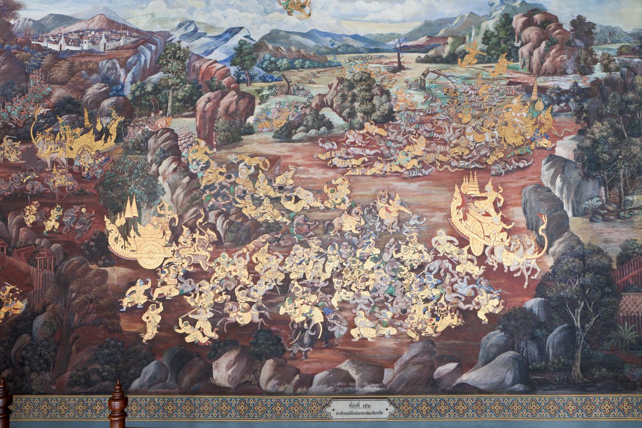 Murais representando cenas do Ramakian em Wat Phra Kaeo, o Grande Palácio Real, Banguecoque, Tailândia de Thai School