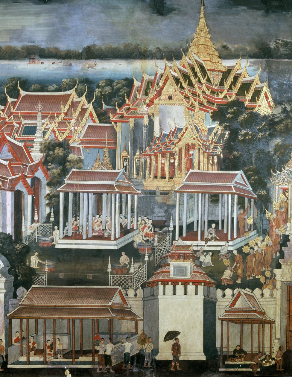 Ofertas feitas aos monges no Templo do Buda de Esmeralda, 1864 (pintura de parede) de Thai School