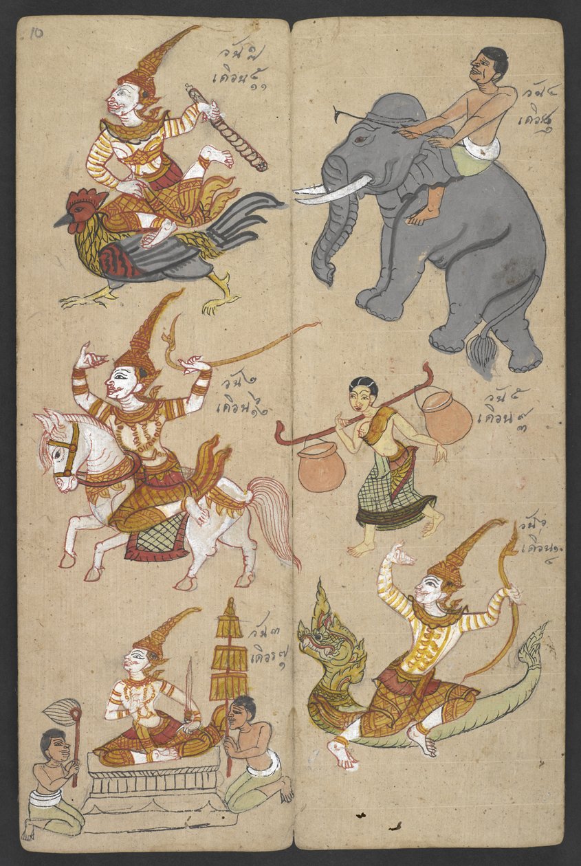 Ou 16455 f.10r, Animais do Zodíaco, de Phrommachat (pergaminho) de Thai School