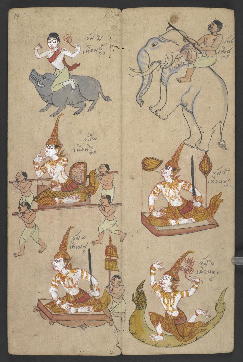 Ou 16455 f.14r, Animais do Zodíaco, de Phrommachat (pergaminho) de Thai School