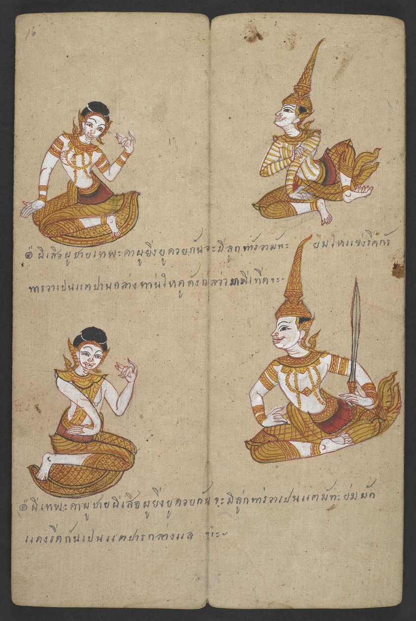 Ou 16455 f.16r, combinações de casais de sorte e azar, de Phrommachat (pergaminho) de Thai School