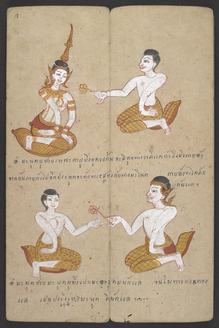 Ou 16455 f.18r, combinações de casais sortudos e azarados, de Phrommachat (pergaminho) de Thai School