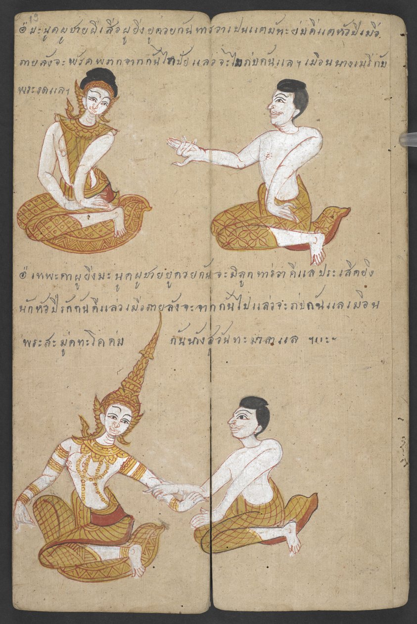 Ou 16455 f.19r, combinações de casais de sorte e azar, de Phrommachat (pergaminho) de Thai School