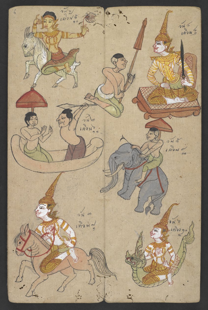Ou 16455 f.6r, Animais do Zodíaco, de Phrommachat (pergaminho) de Thai School