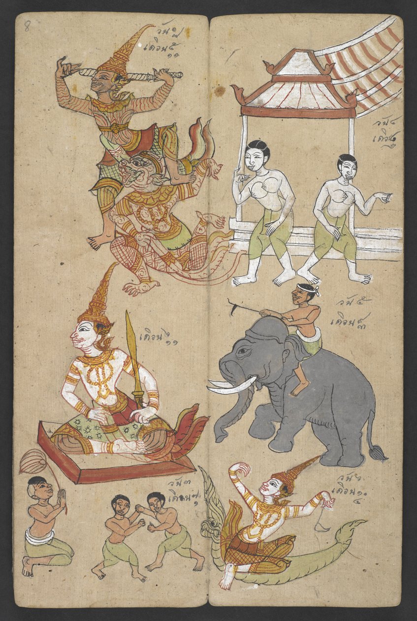 Ou 16455 f.8r, Animais do Zodíaco, de Phrommachat (pergaminho) de Thai School