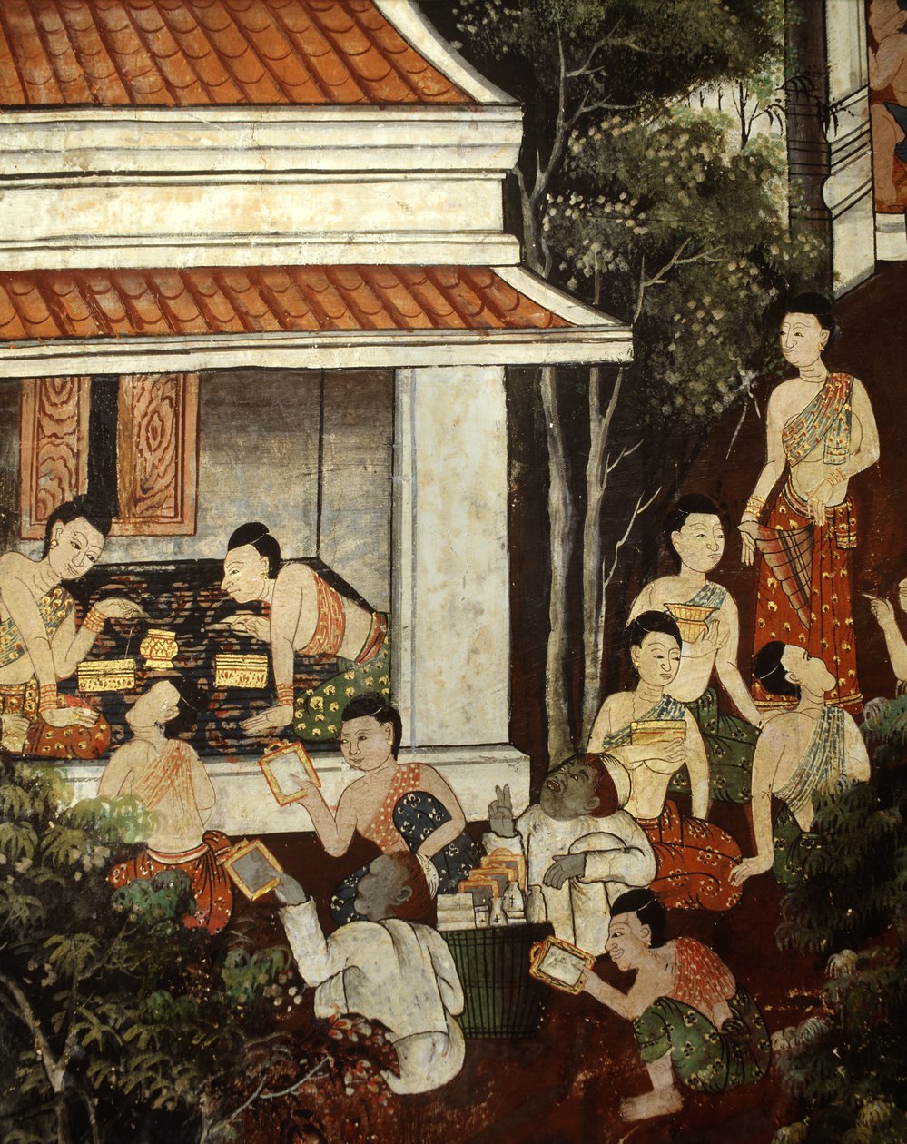 Senhoras do palácio comprar jóias e espelhos de comerciantes muçulmanos, estilo Rattanakosin (pintura de parede) de Thai School