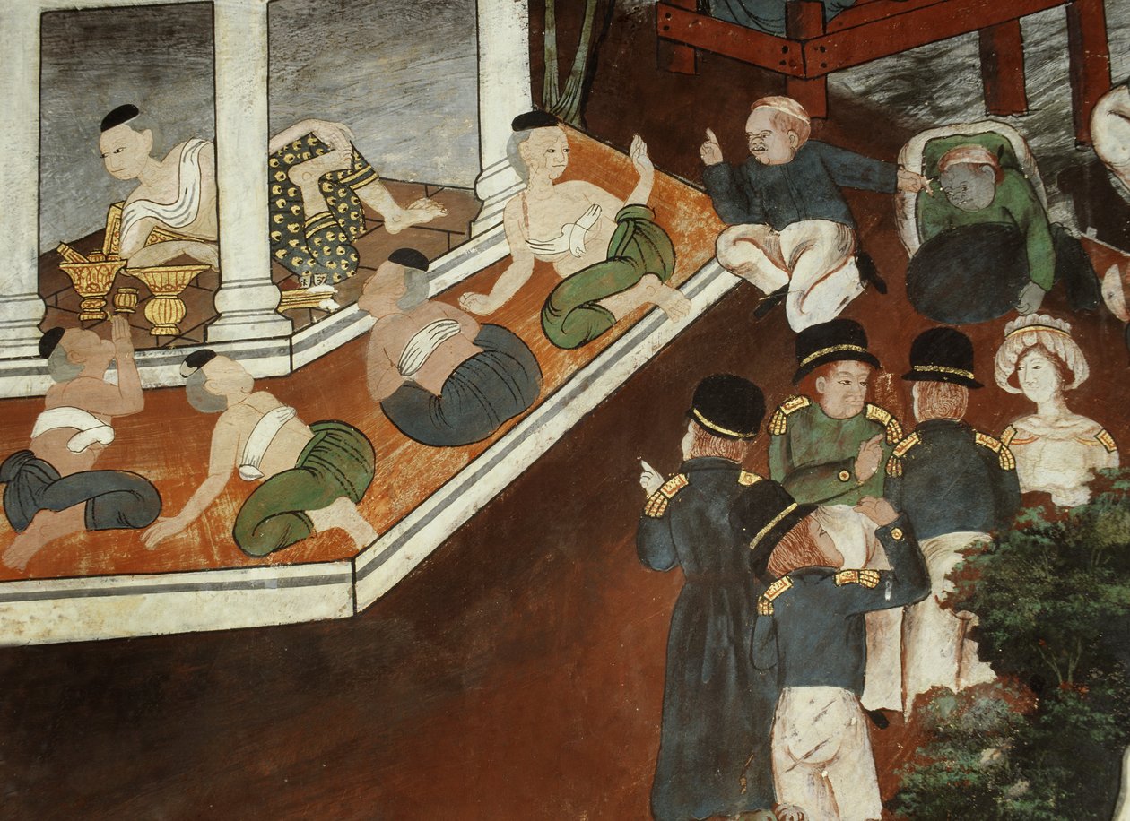 Senhora do palácio recebendo comerciantes muçulmanos e marinheiros ocidentais, escola Rattanakosin (pintura de parede) de Thai School