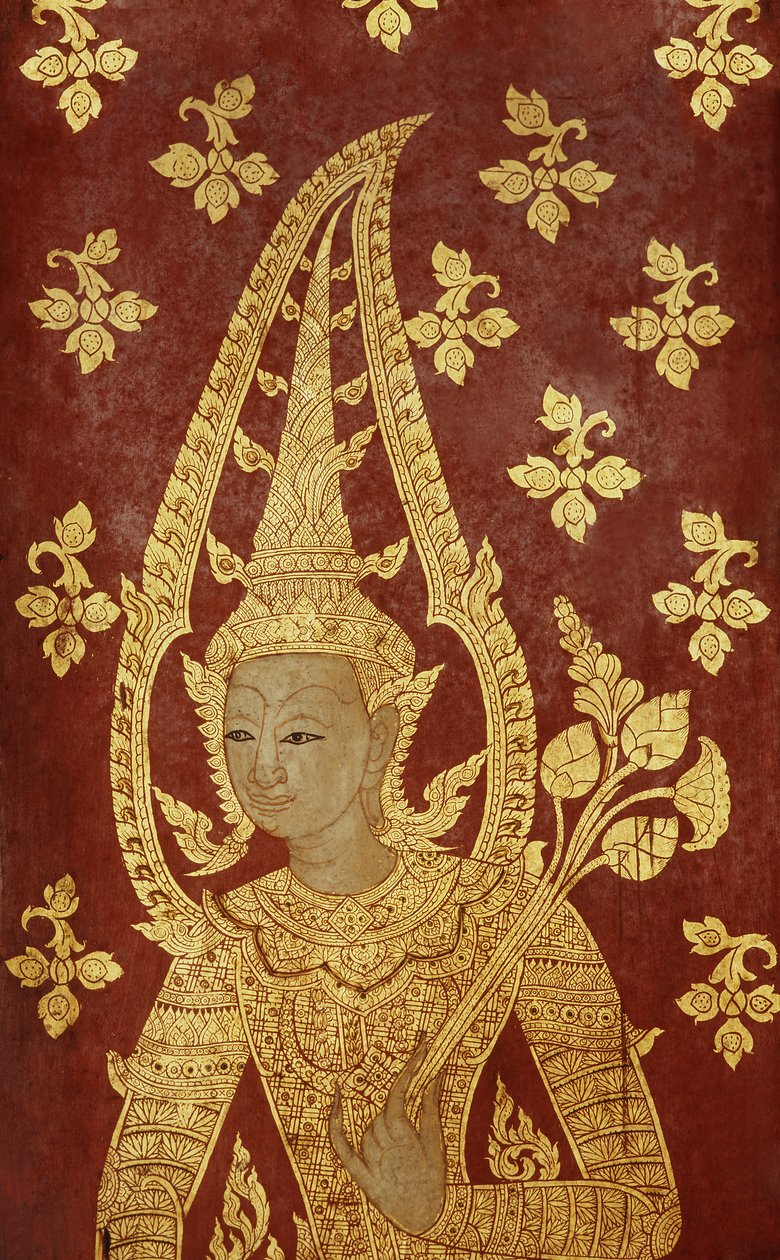 Painel da porta estilo Rattanakosin com imagem de uma divindade, c.1860 (madeira pintada) de Thai School