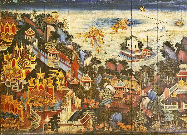 Painel traseiro de um guarda-roupa retratando uma cena do Ramakien (óleo sobre painel) de Thai School