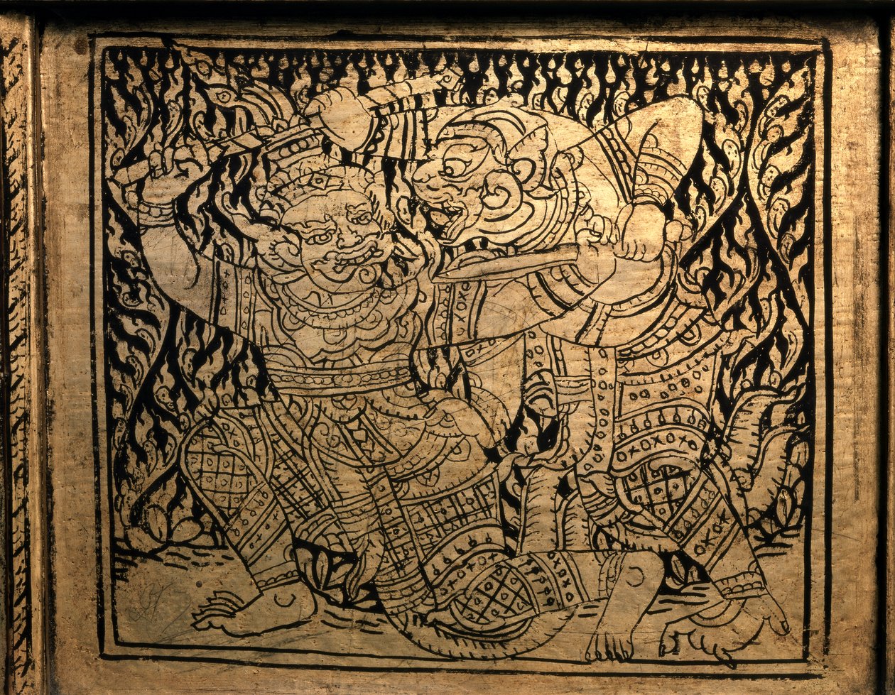 ARTE TAI: Um episódio do "Ramayana". Armário de livros, ao estilo de Banguecoque de Thai School