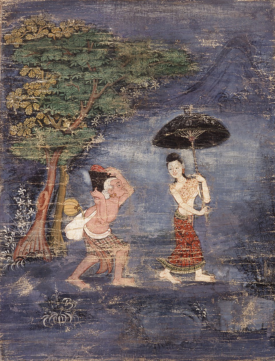 O idoso Brâmane Jujaka segue sua jovem esposa (pintando em tecido) de Thai School