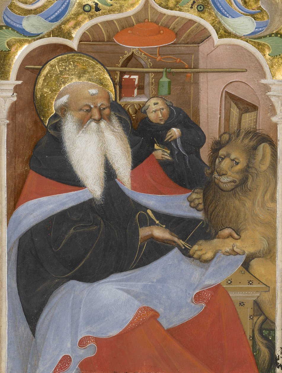 São Jerônimo extraindo um espinho da pata de um leão Ms 106, 1425-50 (tempera e folha de ouro em pergaminho) de The Master of the Murano Gradual