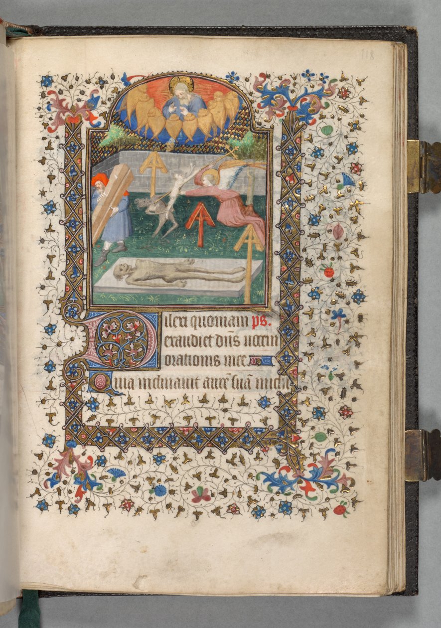 Livro de Horas (Uso de Paris): Fol. 118r, Anjo e Demónio lutando por uma alma de The Bedford Master