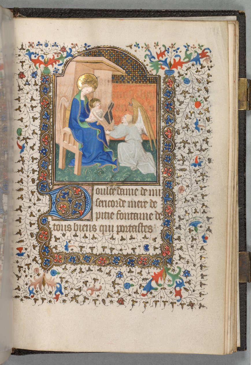 Livro de Horas de Uso de Paris: Fol. 198r, Madonna e Criança com Anjo, c. 1420. de The Bedford Master