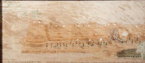 Esboço do ataque a Koonja, 3 de Outubro de 1824 (aguarela sobre papel) de The Hon. Frederick Shore
