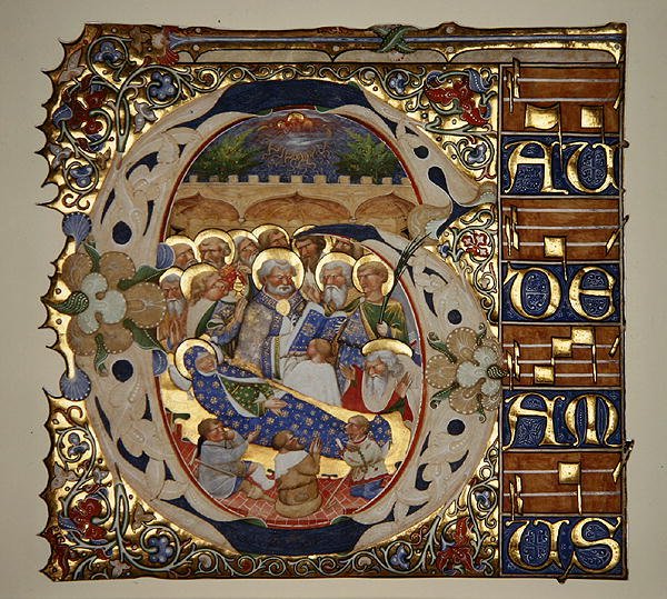 Marlay Cutting IT.18 Dormition of the Virgin, de um gradual de Santa Mattia em Murano, Veneza, c.1450 (folha de ouro e tempera em pergaminho) de The Master of the Murano Gradual