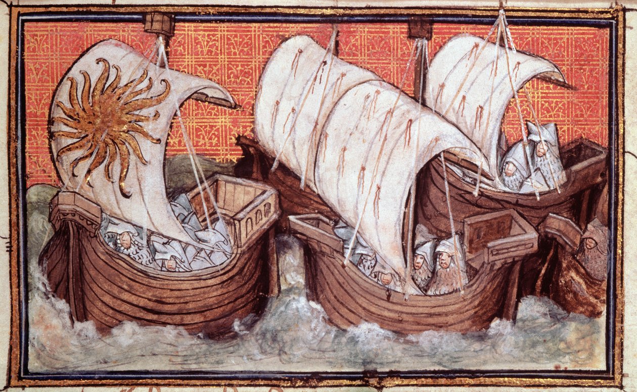 Harl 1319 f.18 A Partida da Frota de Ricardo II da Irlanda, História do Rei da Inglaterra, Ricardo II (velino) de The Virgil Master