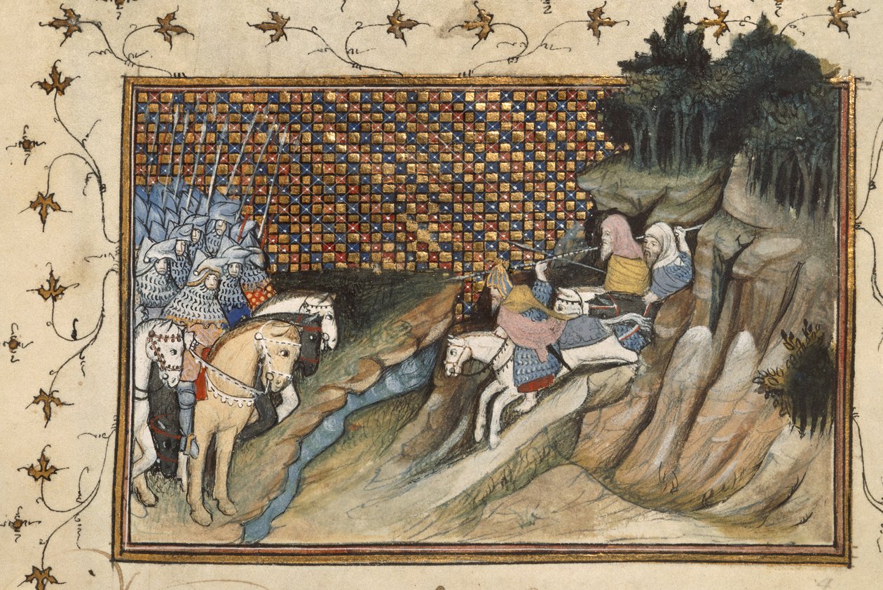 Harley 1319, f.9 Art Mór riding to meet the earl of Gloucester, from 