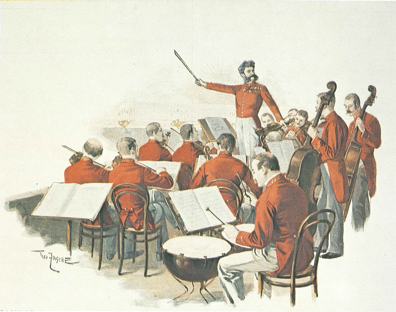 O compositor austríaco Johann Strauss II e a sua banda de música no baile da corte. de Theo Zasche